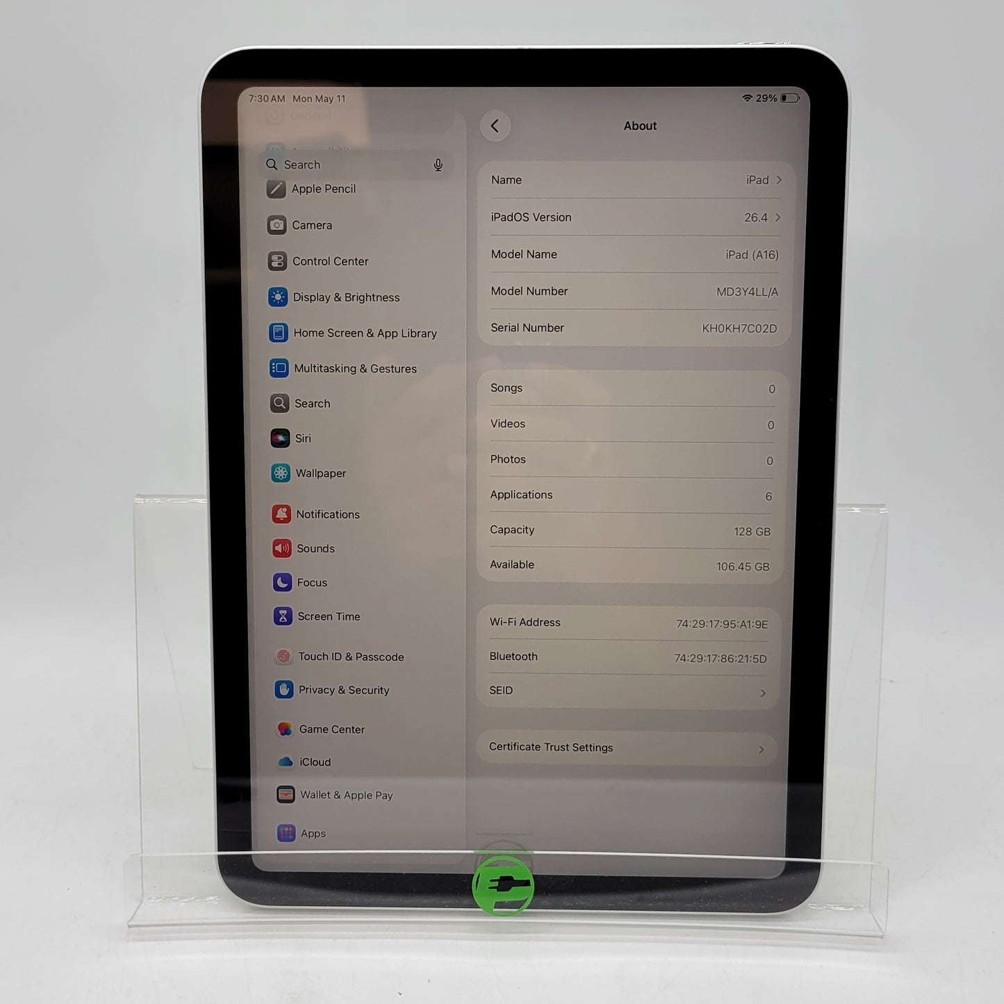 WiFi Only Apple iPad 11" (A16) 128GB Silver MD3Y4LL/A