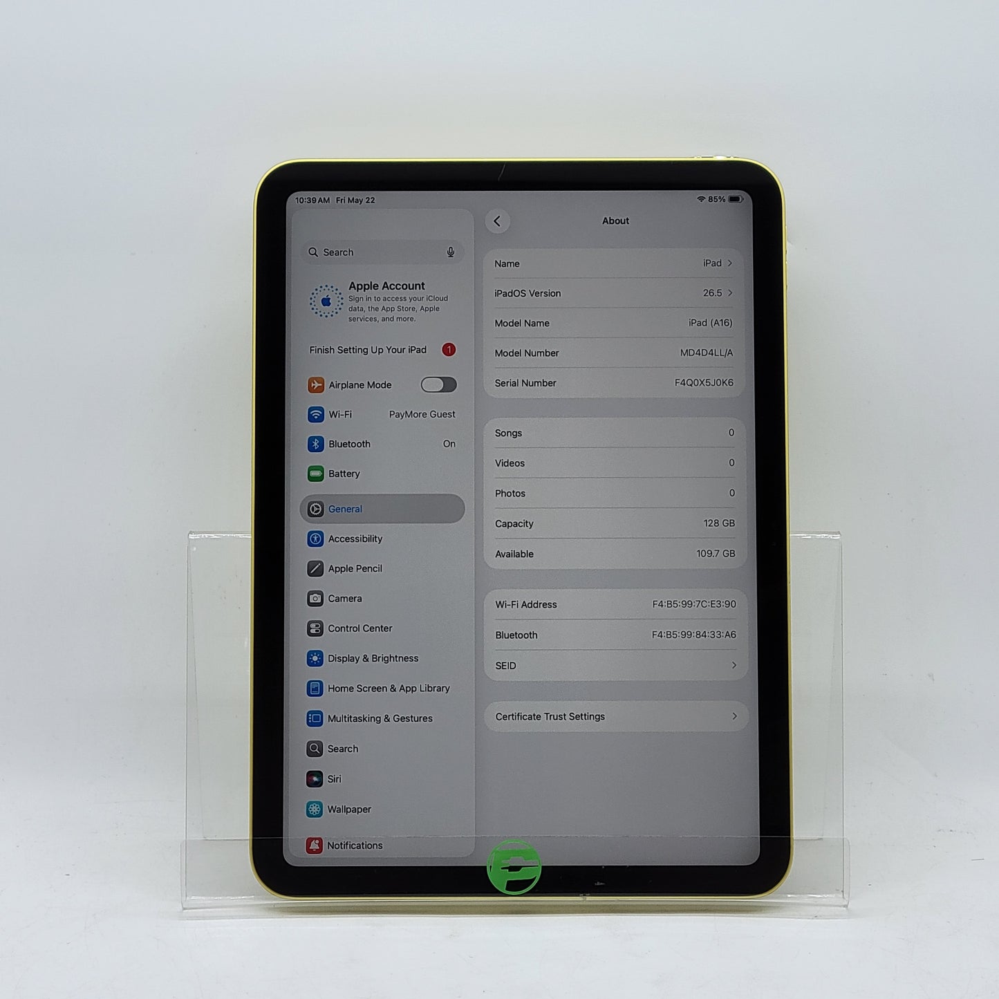 WiFi Only Apple iPad 11" (A16) 128GB Yellow MD4D4LL/A