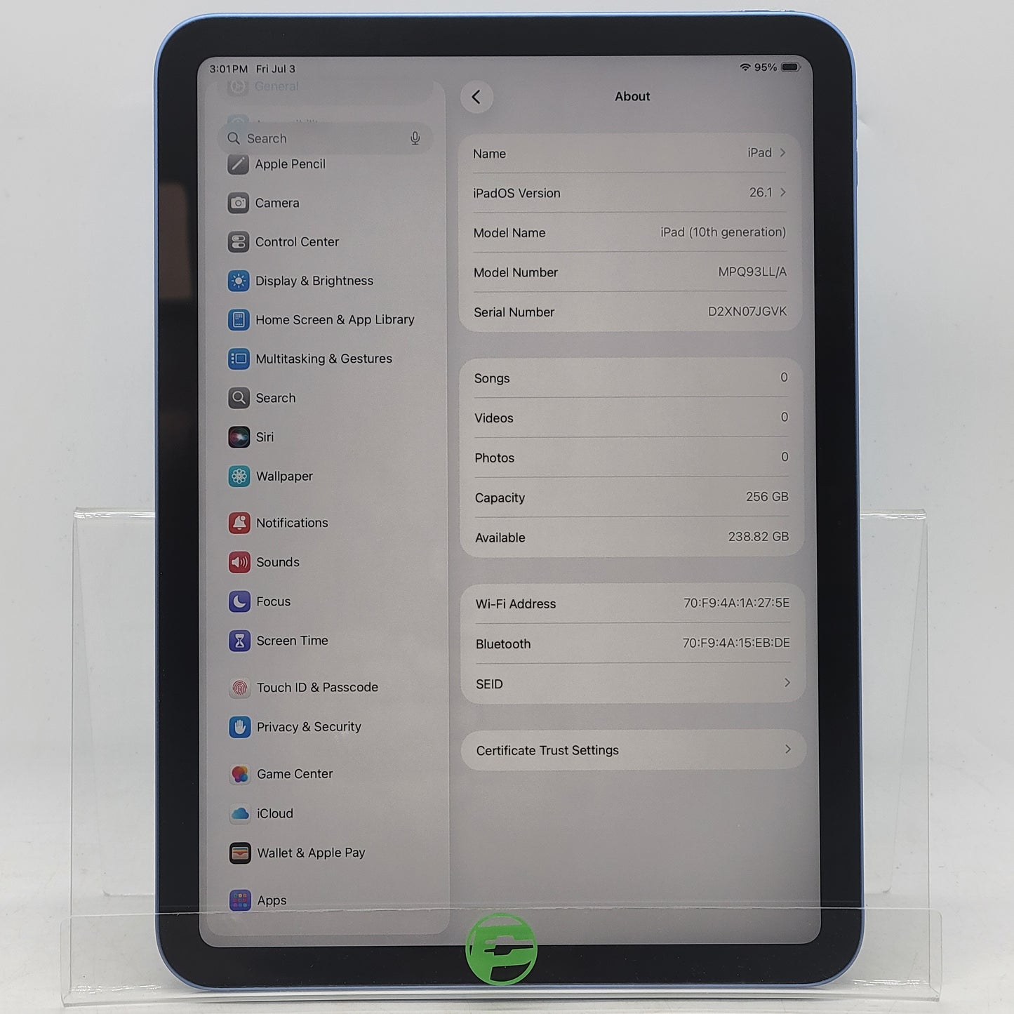 WiFi Only Apple iPad 10th Gen 256GB Blue MPQ93LL/A