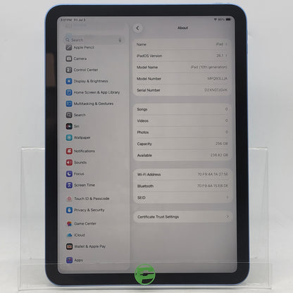 WiFi Only Apple iPad 10th Gen 256GB Blue MPQ93LL/A