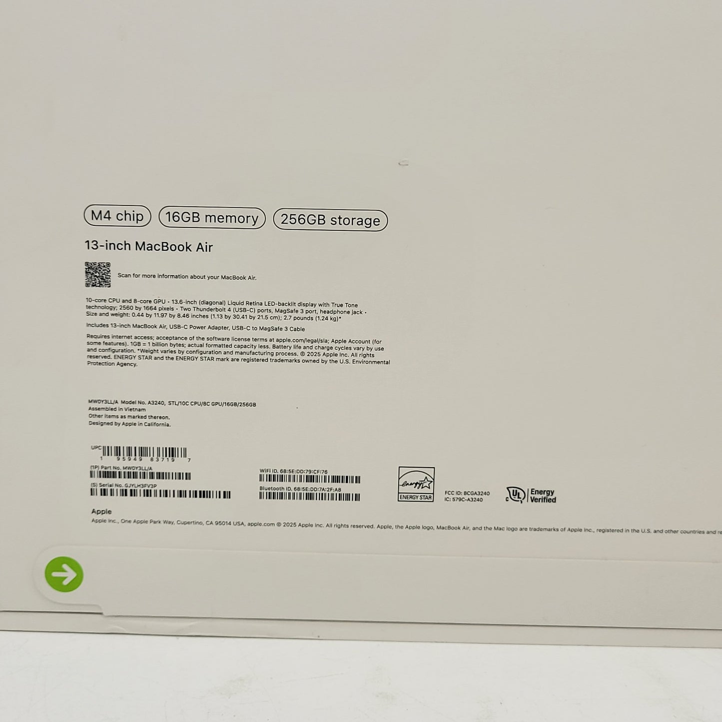 New 2025 Apple MacBook Air 13.6" M4 8C GPU 4.5GHz 16GB RAM 256GB SSD A3240