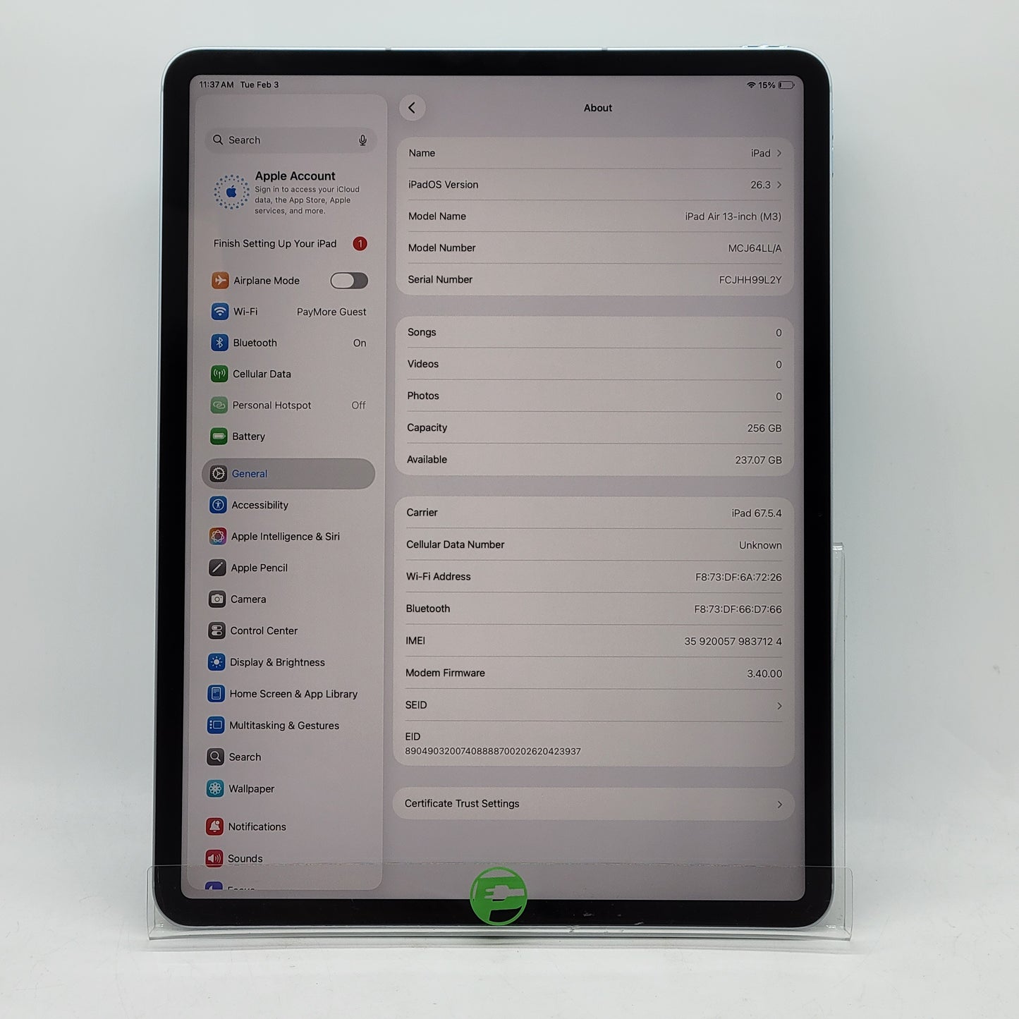 Unlocked Apple iPad Air 13" M3 256GB Blue MCJ64LL/A