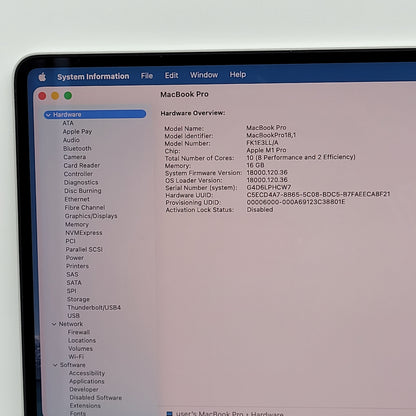 2021 Apple MacBook Pro 16" M1 Pro 16C GPU 3.2GHz 16GB RAM 512GB SSD A2485