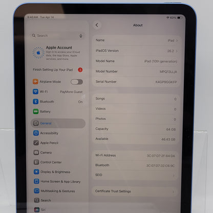 WiFi Only Apple iPad 10th Gen 64GB Blue MPQ13LL/A