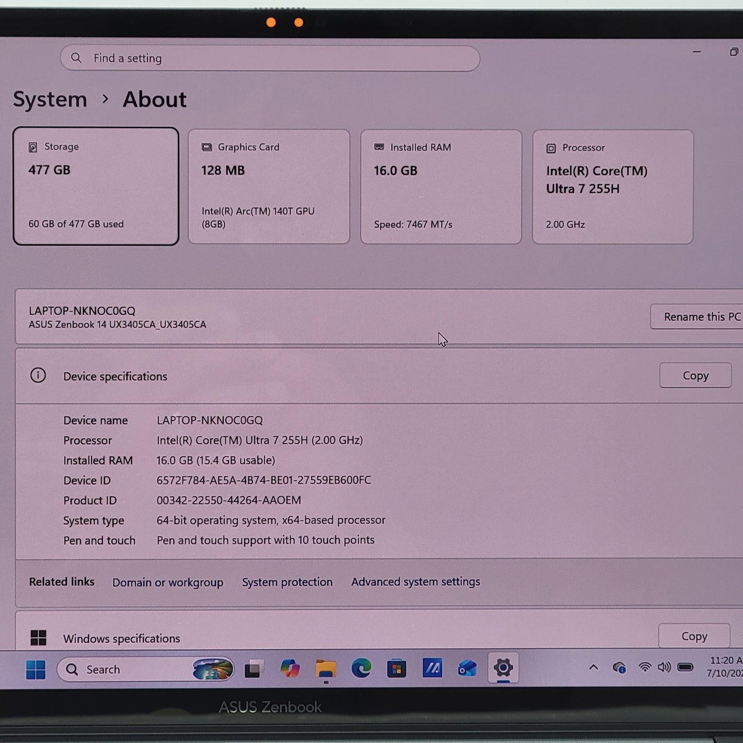 Asus Zenbook 14 UX3405C 14" Core Ultra 7 255H 2.0GHz 16GB RAM 512GB SSD