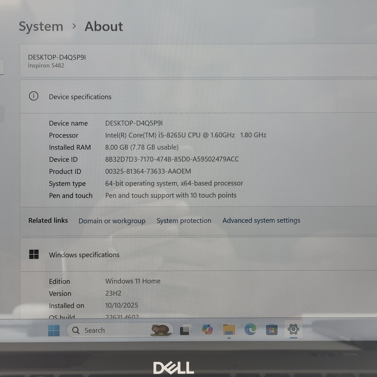 Dell Inspiron 5000 P93G 14" i5-8265U 1.8GHz 8GB RAM 256GB SSD