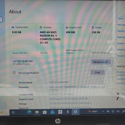 HP Laptop 17-ca0016ds 17" A9-9425 3.1GHz 8GB RAM 256GB SSD