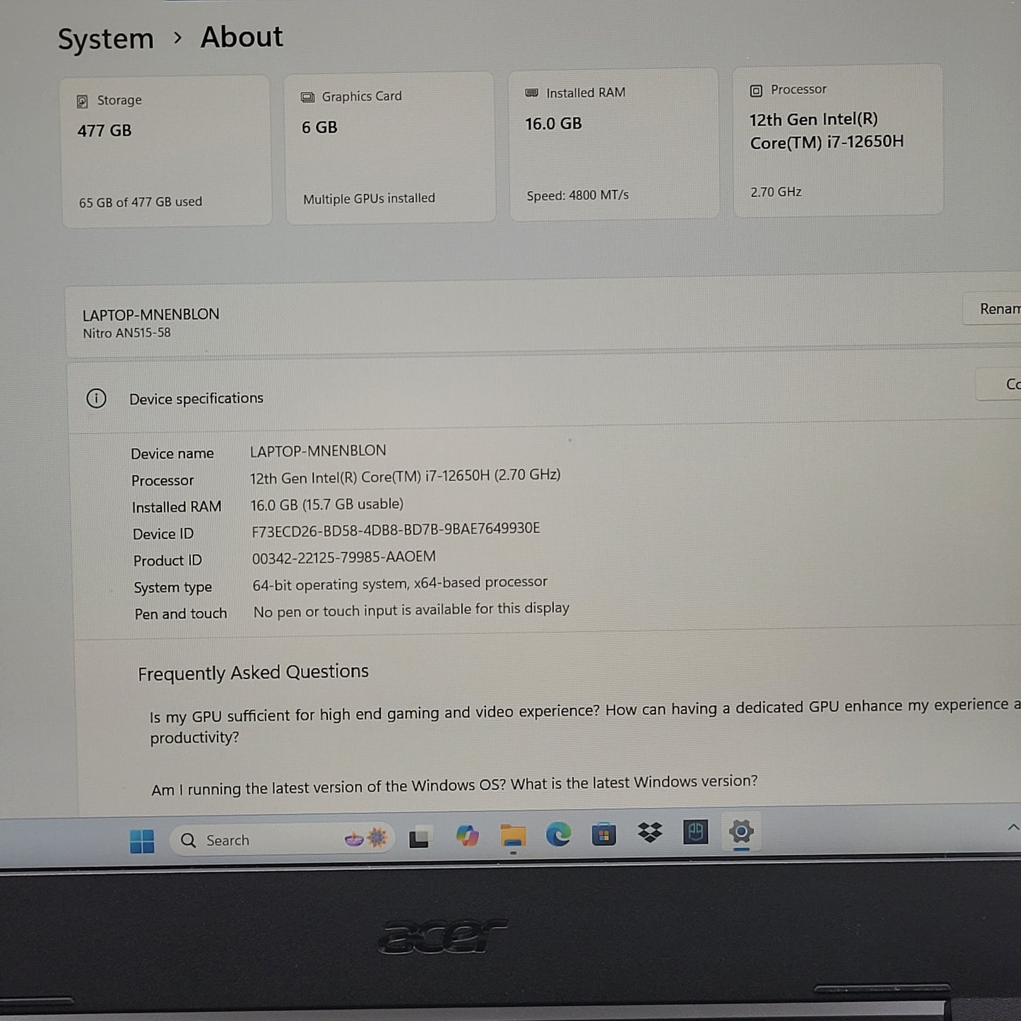 Acer Nitro 5 N22C1 15" i7-12650H 2.7GHz 16GB RAM 512GB SSD GeForce RTX 4050