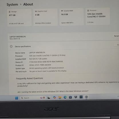 Acer Nitro 5 N22C1 15" i7-12650H 2.7GHz 16GB RAM 512GB SSD GeForce RTX 4050