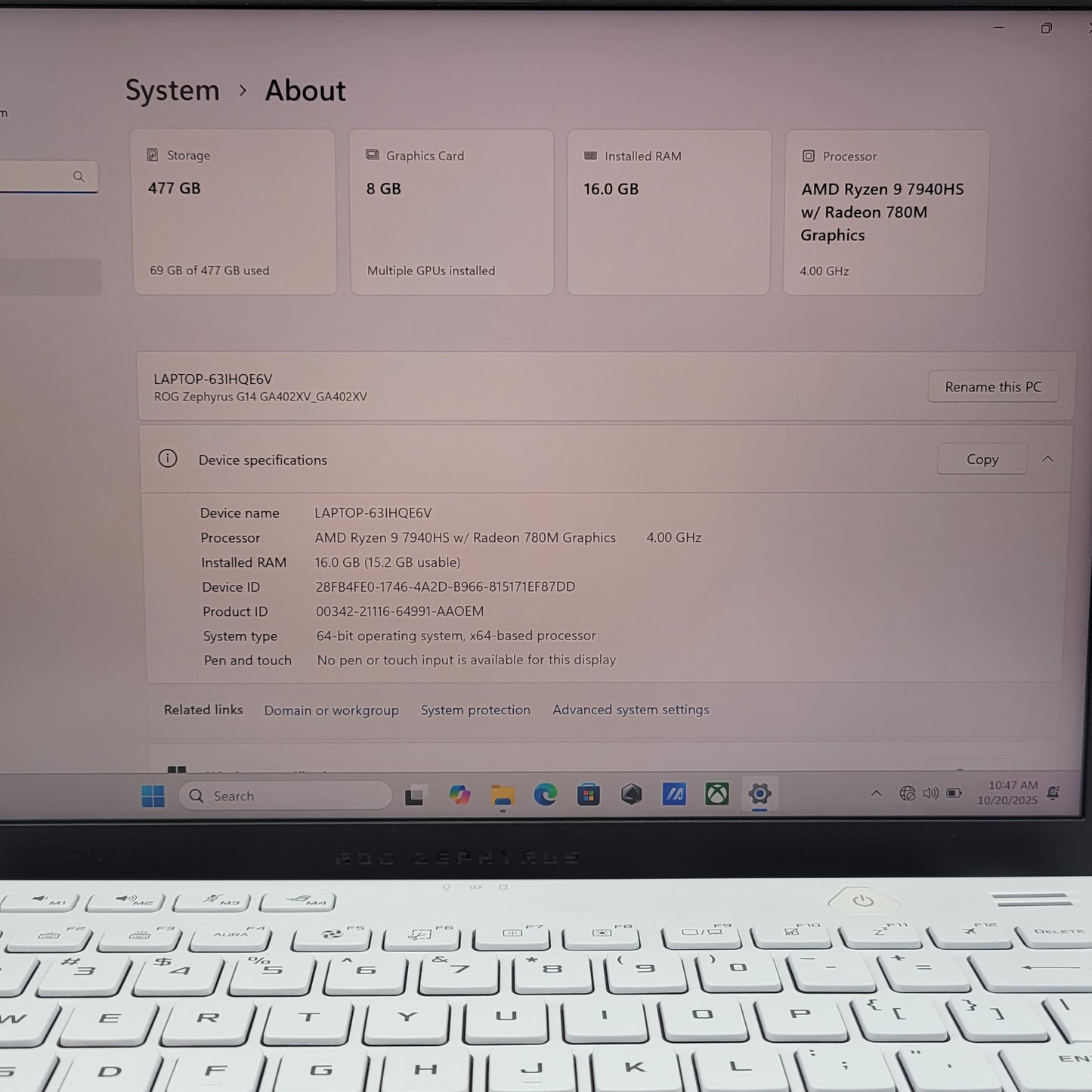 Asus ROG Zephyrus G14 GA402X 14" Ryzen 9 7940HS 4.0GHz 16GB RAM 512GB RTX 4060