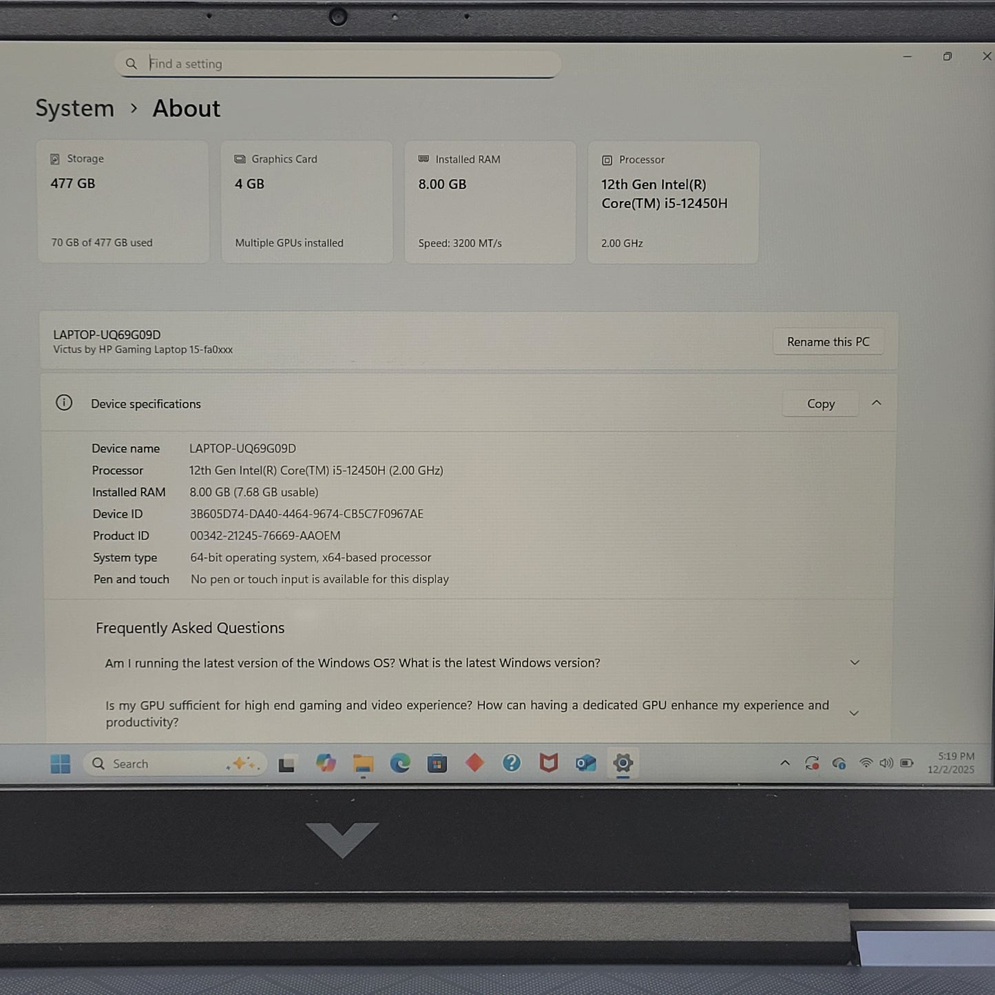 HP Victus 15-FA0033DX 15.6" i5-12450H 2.0GHz 8GB RAM 512GB SSD GeForce RTX 3050