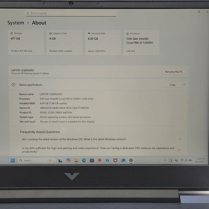 HP Victus 15-FA0033DX 15.6" i5-12450H 2.0GHz 8GB RAM 512GB SSD GeForce RTX 3050
