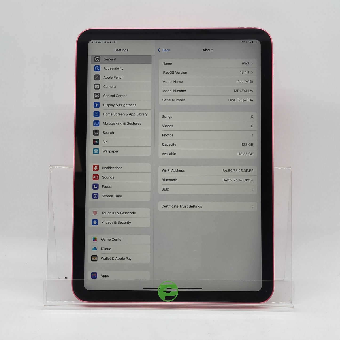 WiFi Only Apple iPad 11" (A16) 128GB Pink MD4E4LL/A