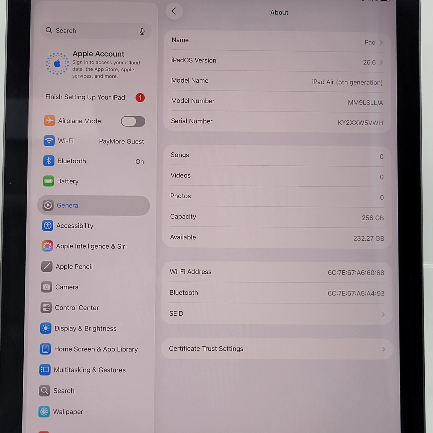 WiFi Only Apple iPad Air 5th Gen 256GB Space Gray MM9L3LL/A With Keyboard