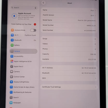 WiFi Only Apple iPad Air 5th Gen 256GB Space Gray MM9L3LL/A With Keyboard