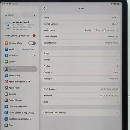 WiFi Only Apple iPad Pro 12.9" 6th Gen 128GB Silver MNXQ3LL/A