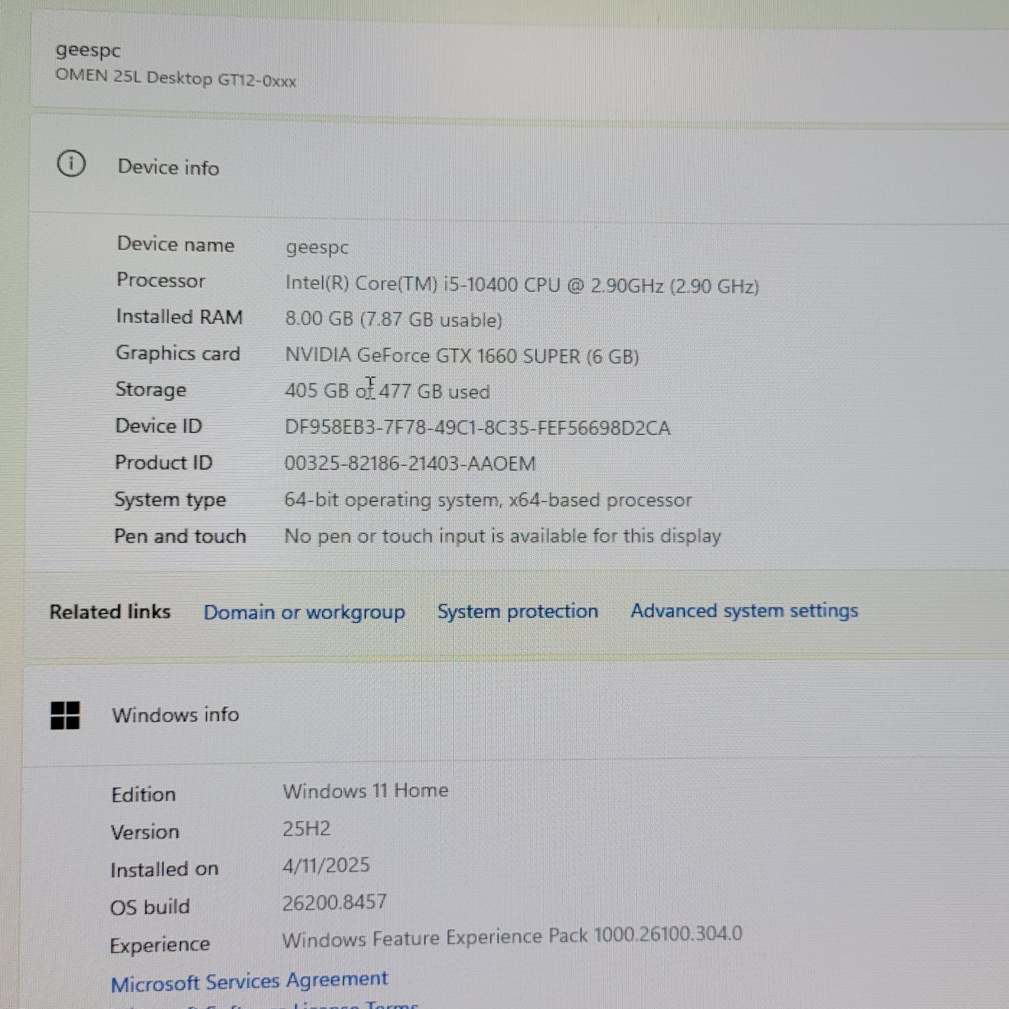 HP Omen 25L Core i5-10400 2.90GHz 8GB RAM 512GB Nvidia GeForce GTX 1660 Super