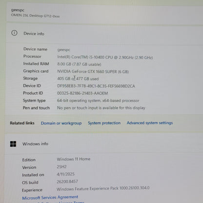 HP Omen 25L Core i5-10400 2.90GHz 8GB RAM 512GB Nvidia GeForce GTX 1660 Super