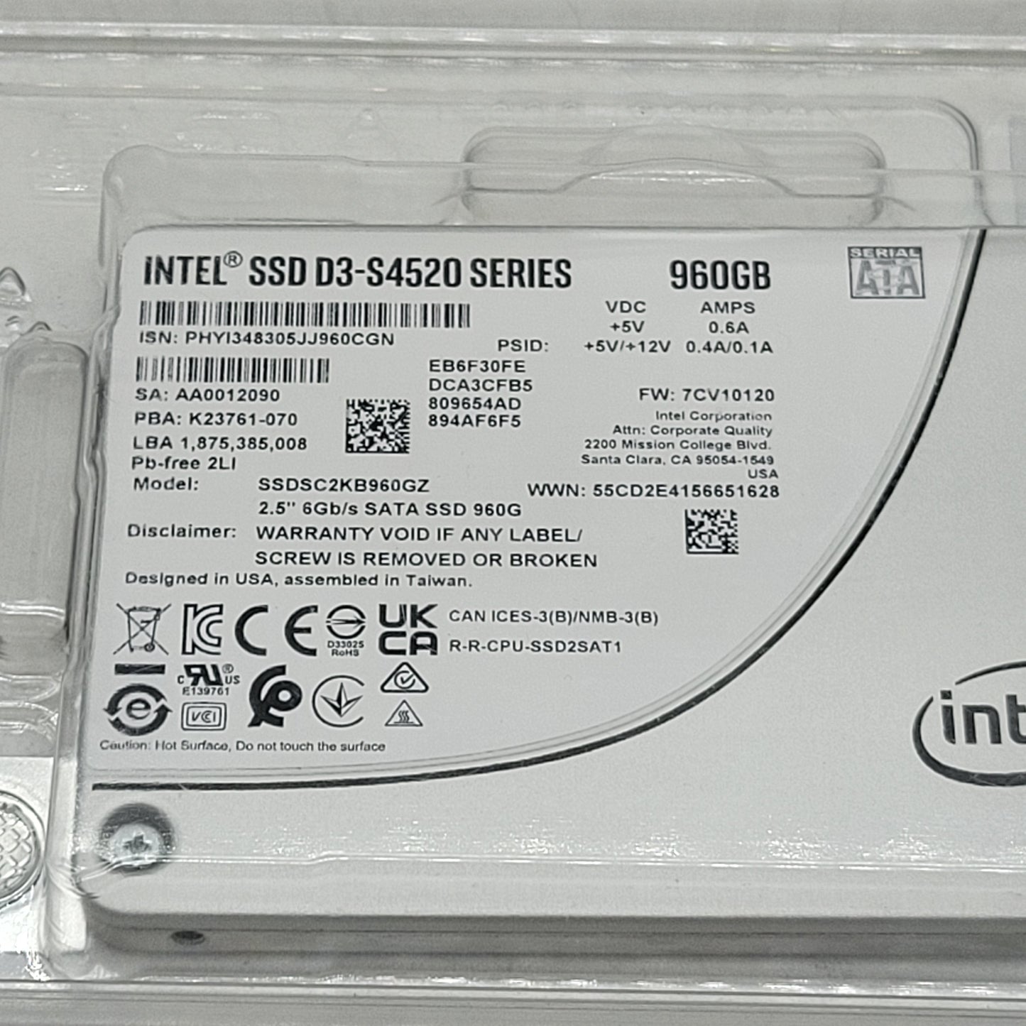 Intel 2.5" D3-S4520 Series 960GB SATA 6Gbs SSD SSDSC2KB960GZ