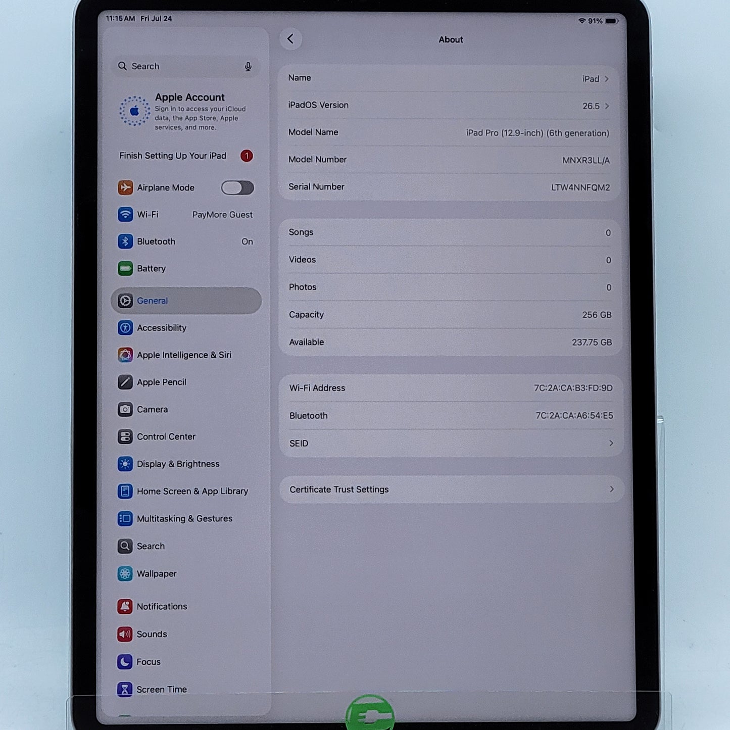 WiFi Only Apple iPad Pro 12.9" 6th Gen 256GB Space Gray MNXR3LL/A
