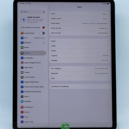 WiFi Only Apple iPad Pro 12.9" 6th Gen 256GB Space Gray MNXR3LL/A