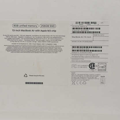 2024 Apple MacBook Air 13.6" M3 8C GPU 4.0GHz 8GB RAM 256GB SSD A3113