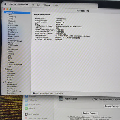 2023 Apple MacBook Pro 14" M3 10C GPU 4.0GHz 8GB RAM 512GB SSD A2918