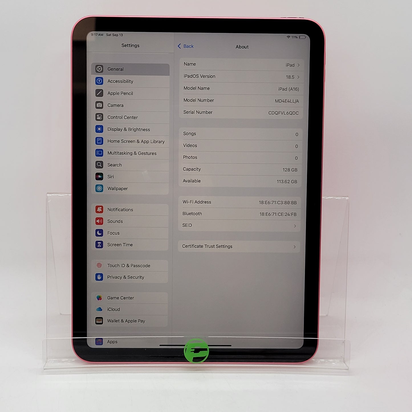 WiFi Only Apple iPad 11" (A16) 128GB Pink MD4E4LL/A