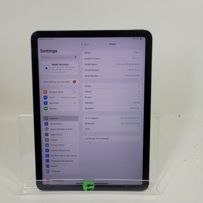 WiFi Only Apple iPad Air 5th Gen 64GB 18.1.1 Space Gray A2588