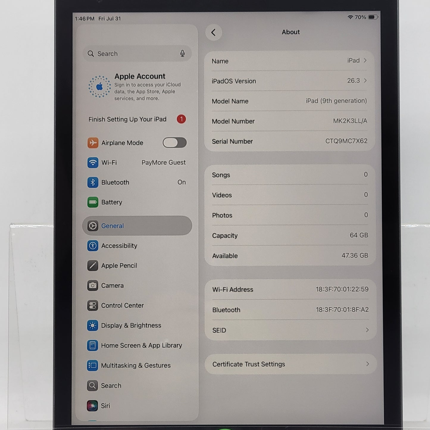 WiFi Only Apple iPad 9th Gen 64GB Space Gray MK2K3LL/A