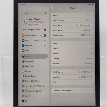 WiFi Only Apple iPad 9th Gen 64GB Space Gray MK2K3LL/A