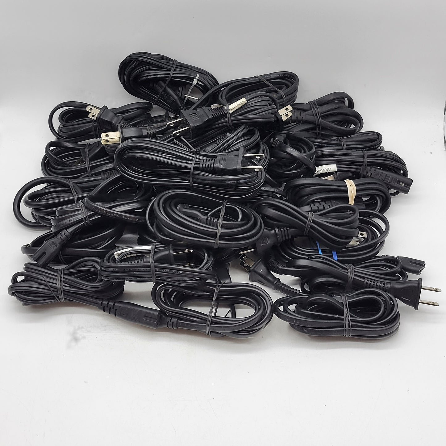 Lot of 30 Generic Two-Prong AC Power Cord Cables Various Lengths