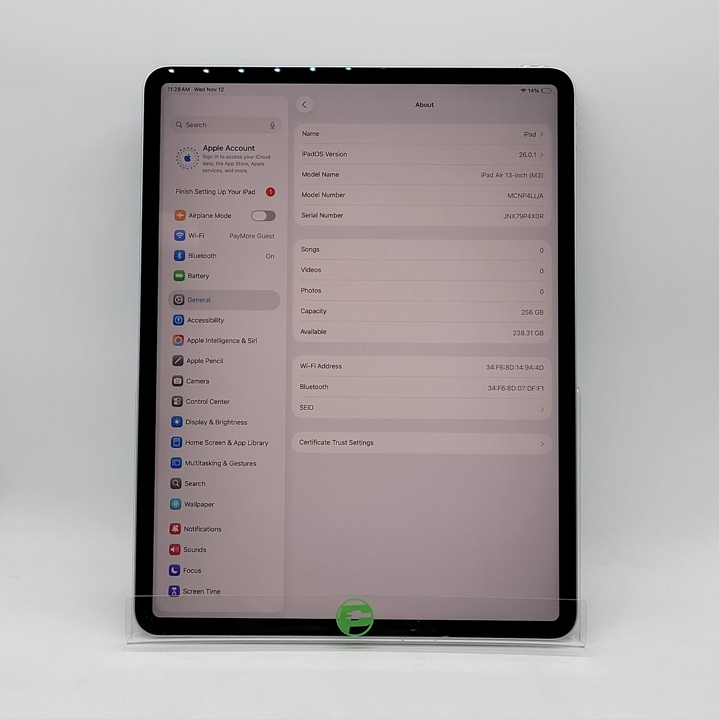 WiFi Only Apple iPad Air 13" M3 256GB Blue MCNP4LL/A