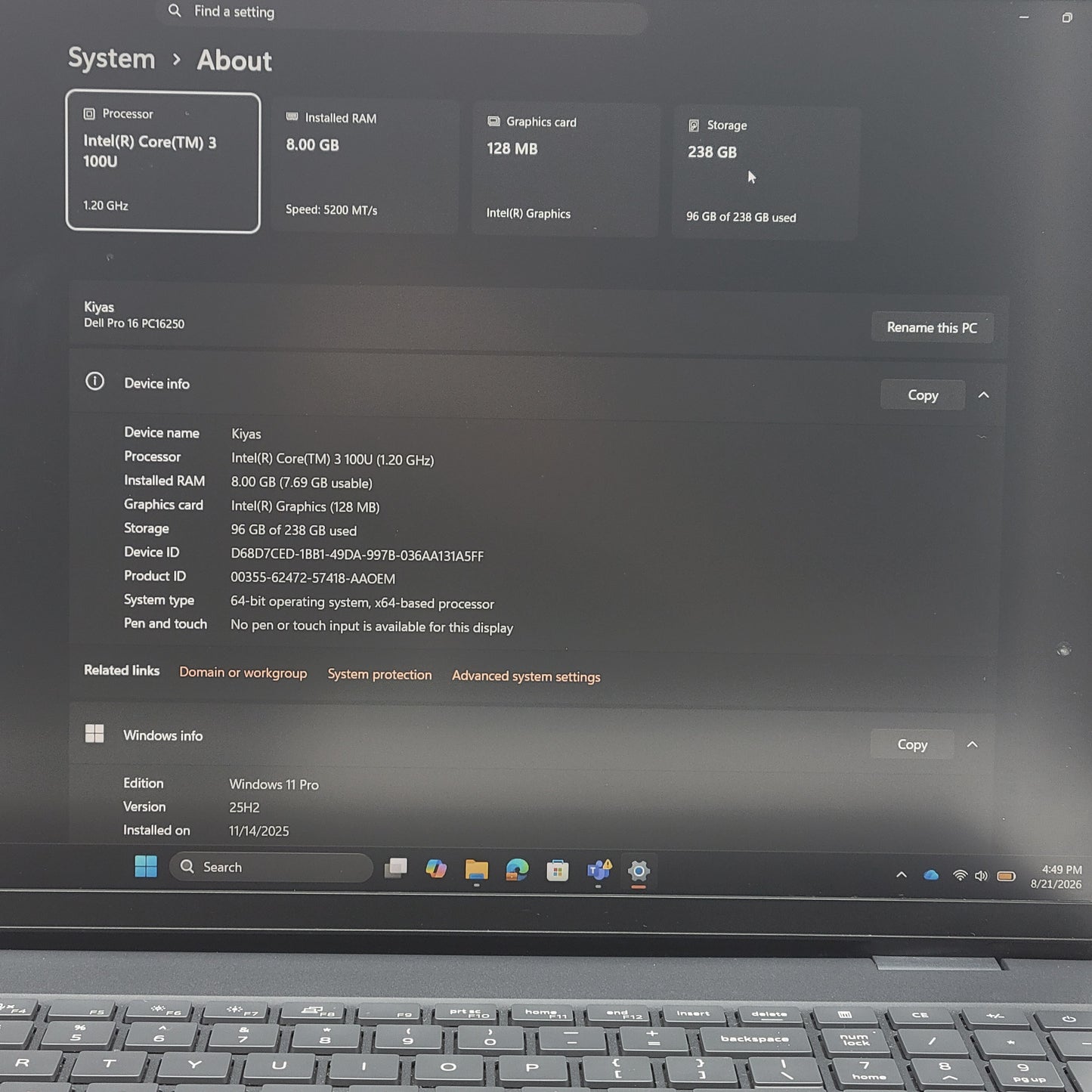 Dell Pro 16 PC16250 16" Core 3 100U 1.2GHz 8GB RAM 256GB SSD
