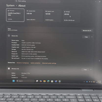 Dell Pro 16 PC16250 16" Core 3 100U 1.2GHz 8GB RAM 256GB SSD