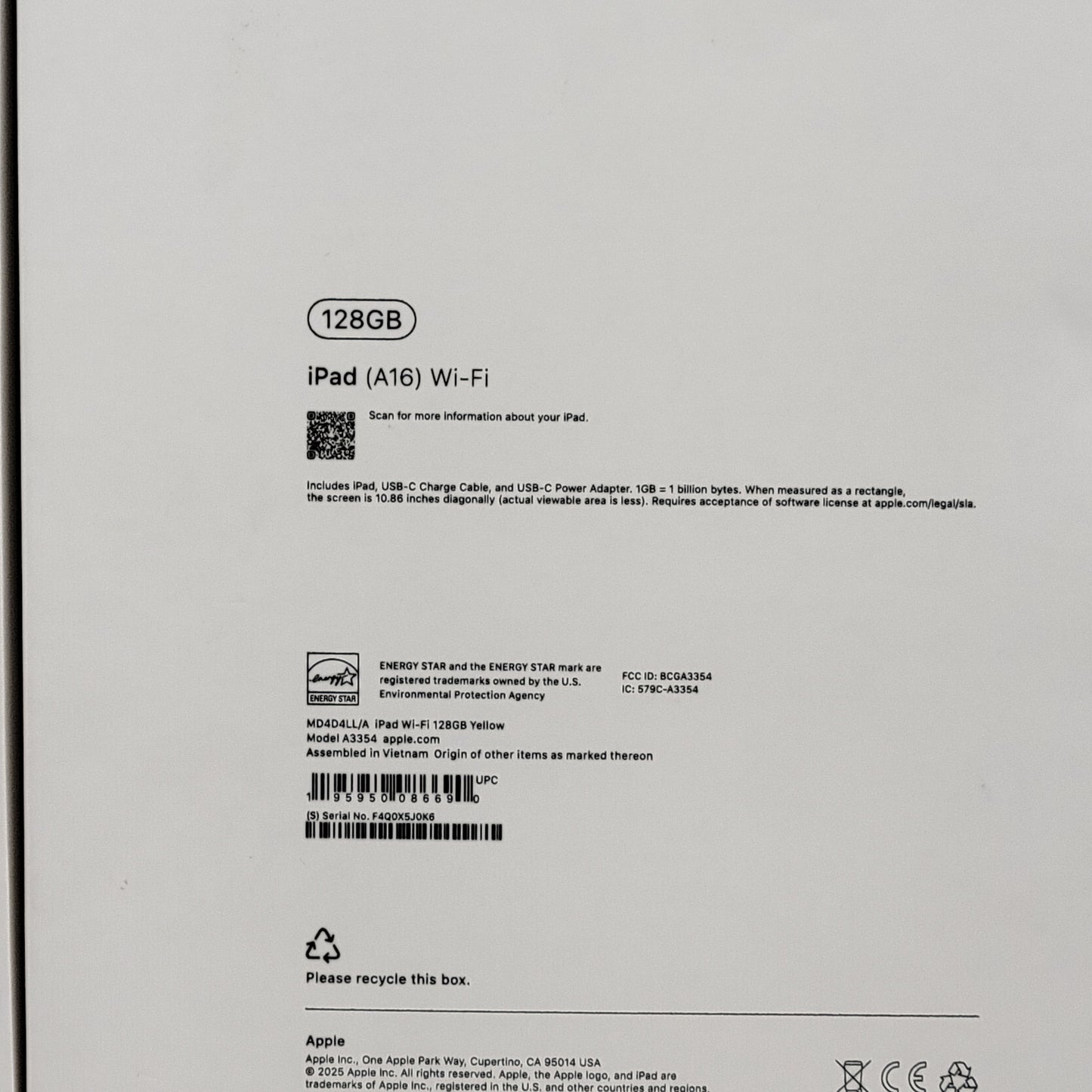 WiFi Only Apple iPad 11" (A16) 128GB Yellow MD4D4LL/A