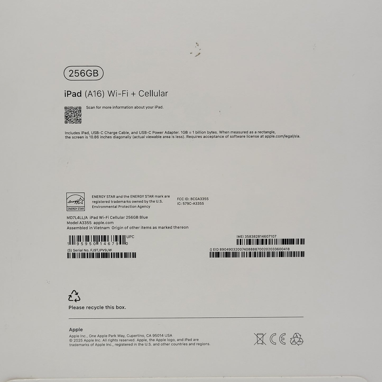 New Factory Unlocked Apple iPad 11" (A16) 256GB Blue MD7L4LL/A