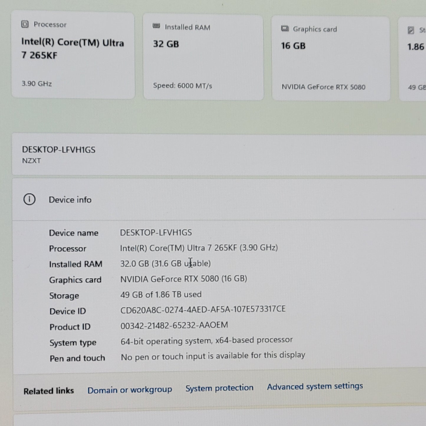 NZXT Custom PC Core Ultra 7 265KF 3.90GHz 32GB RAM 2TB SSD Gigabyte RTX 5080