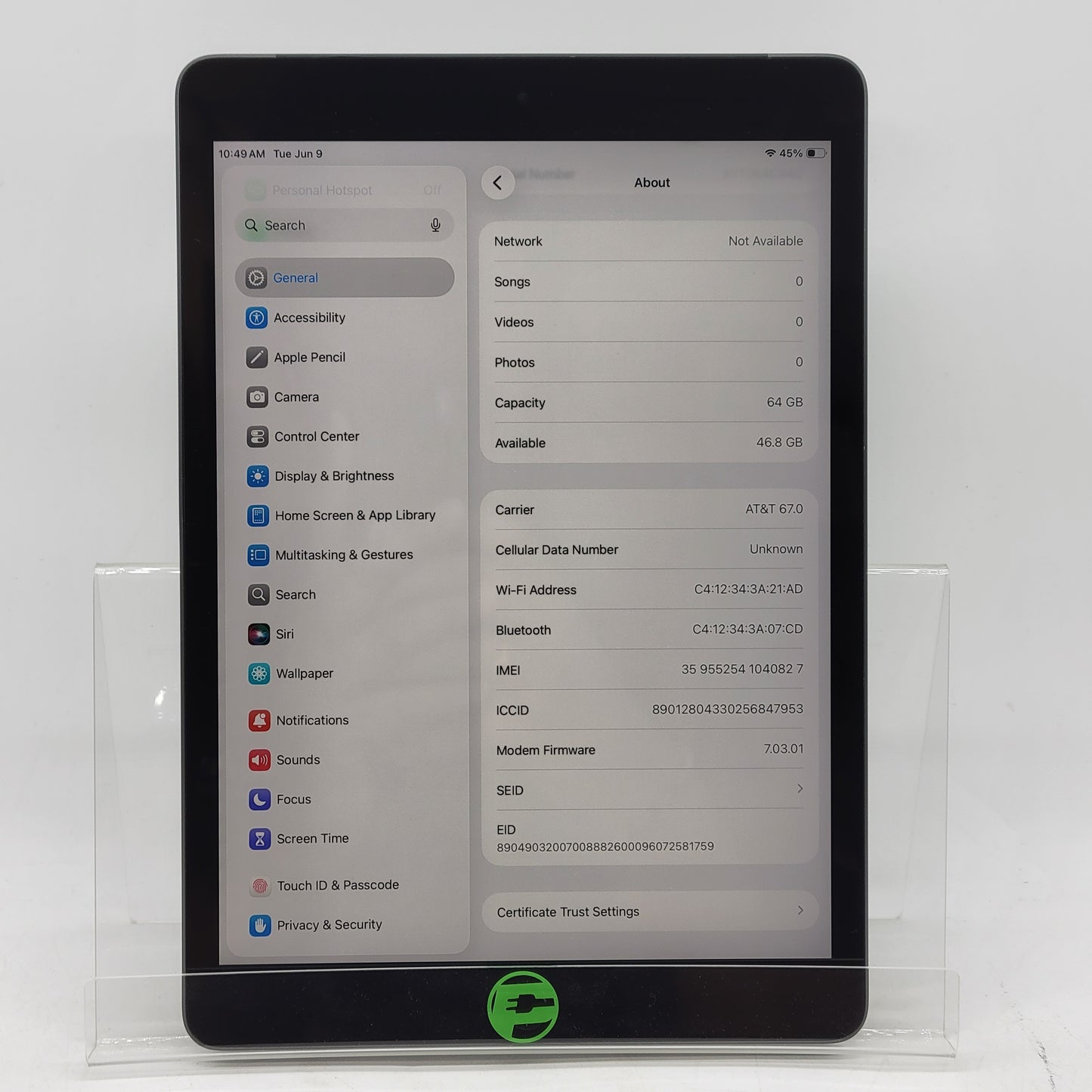 WiFi Only Apple iPad 9th Gen 64GB Space Gray MK663LL/A