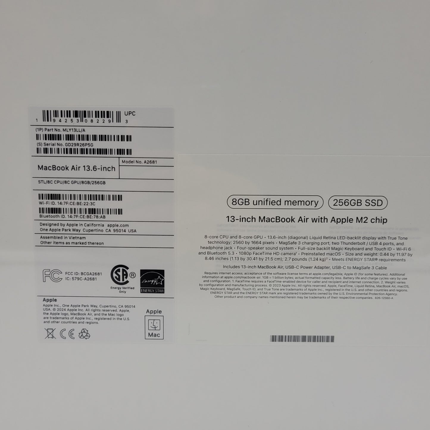 New 2022 Apple MacBook Air 13.6" M2 8C GPU 3.5GHz 8GB RAM 256GB SSD A2681