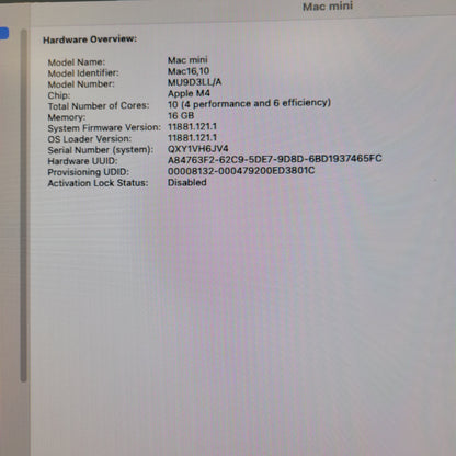 2024 Apple Mac Mini M4 4.4GHz 16GB RAM 256GB SSD Silver A3238