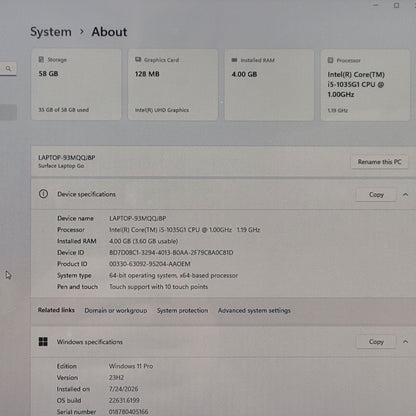 Microsoft Surface Go 1 1943 12.4" i5-1035G1 1.0GHz 4GB RAM 64GB SSD