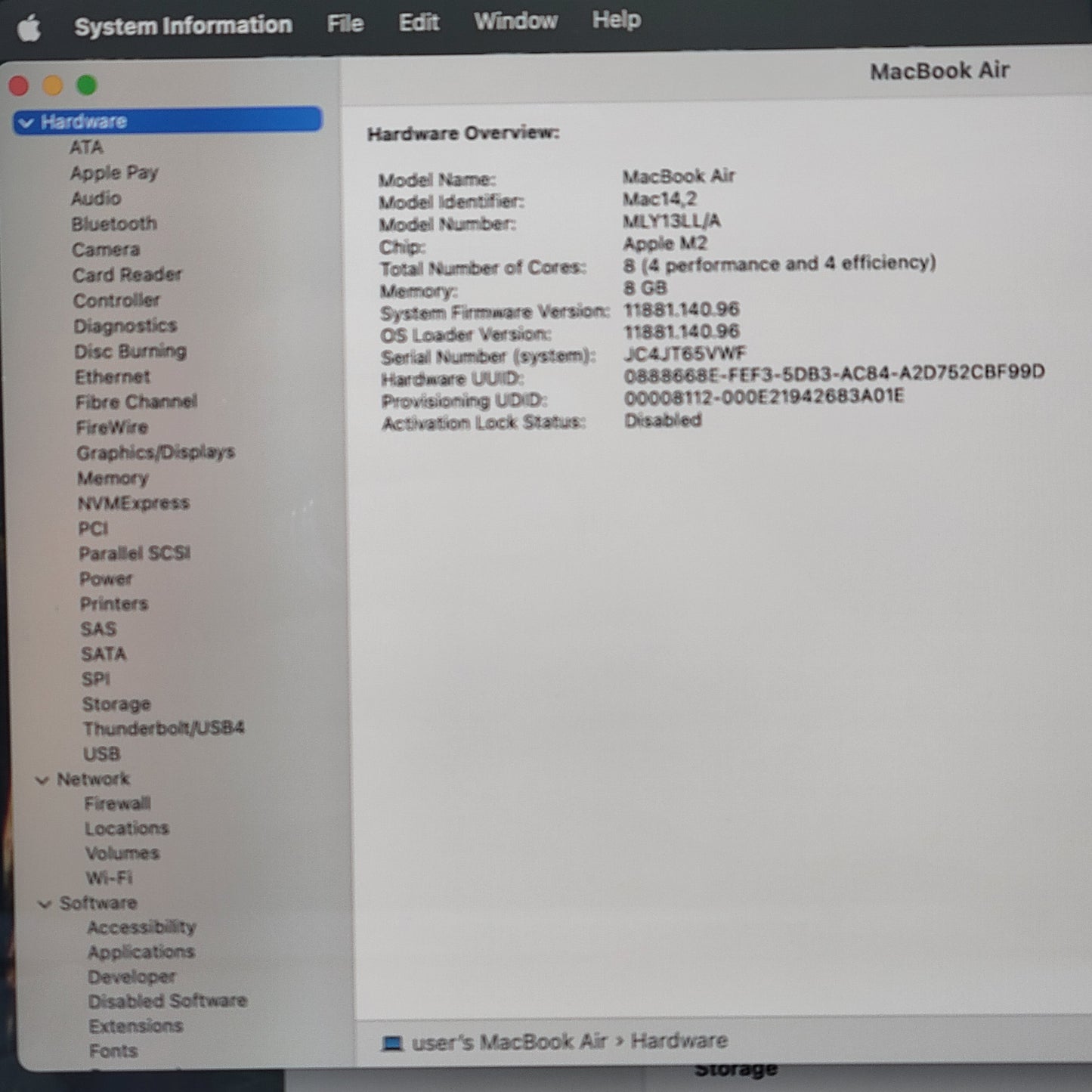 2022 Apple MacBook Air 13.6" M2 8C GPU 3.5GHz 8GB RAM 256GB SSD A2681