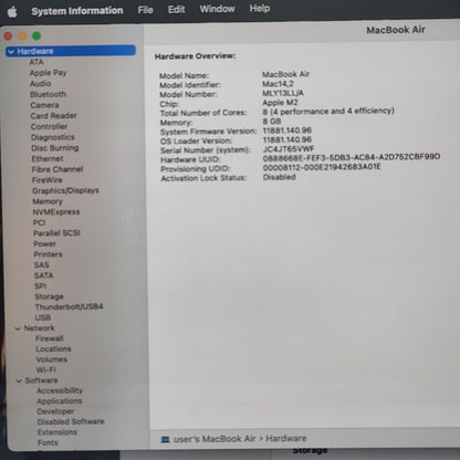 2022 Apple MacBook Air 13.6" M2 8C GPU 3.5GHz 8GB RAM 256GB SSD A2681