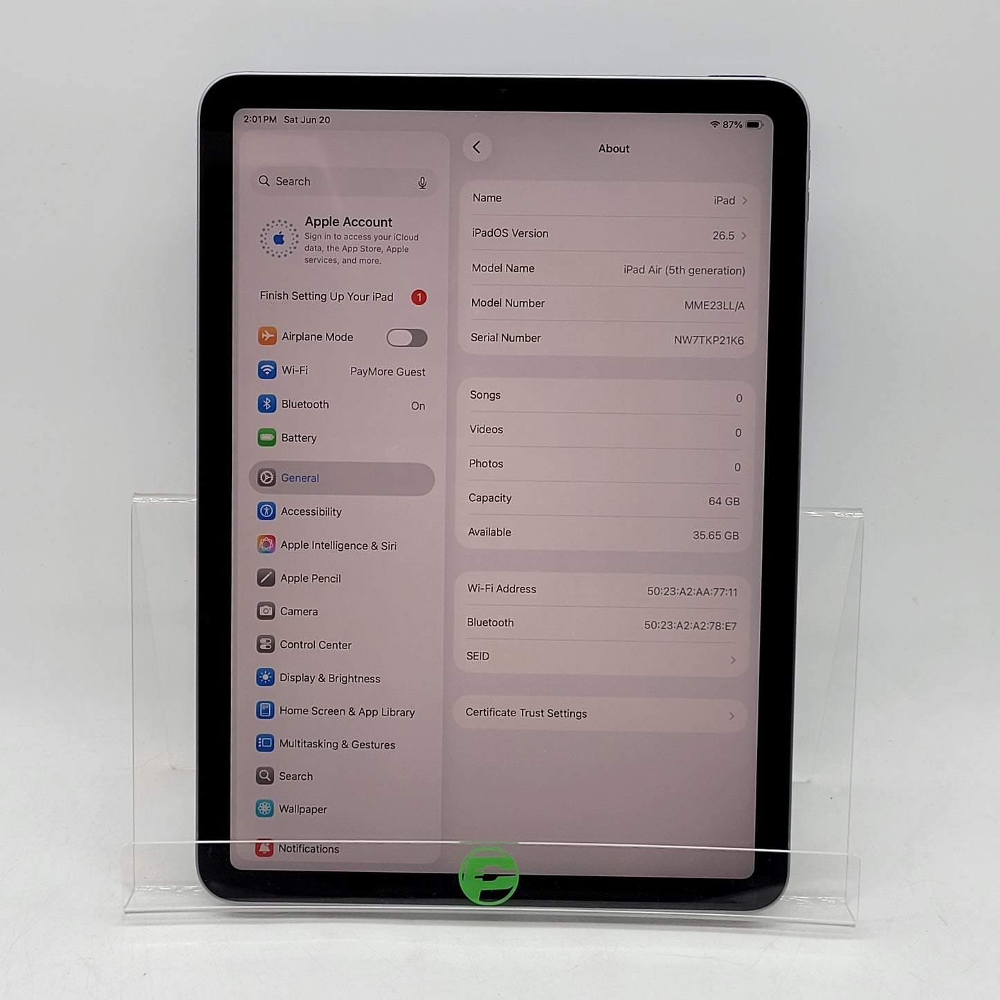 WiFi Only Apple iPad Air 5th Gen 64GB Purple MME23LL/A
