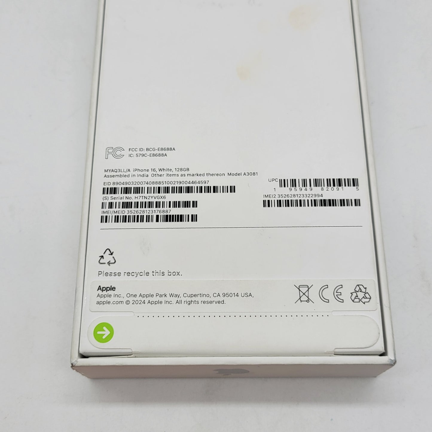 New Factory Unlocked Apple iPhone 16 128GB White MYAQ3LL/A