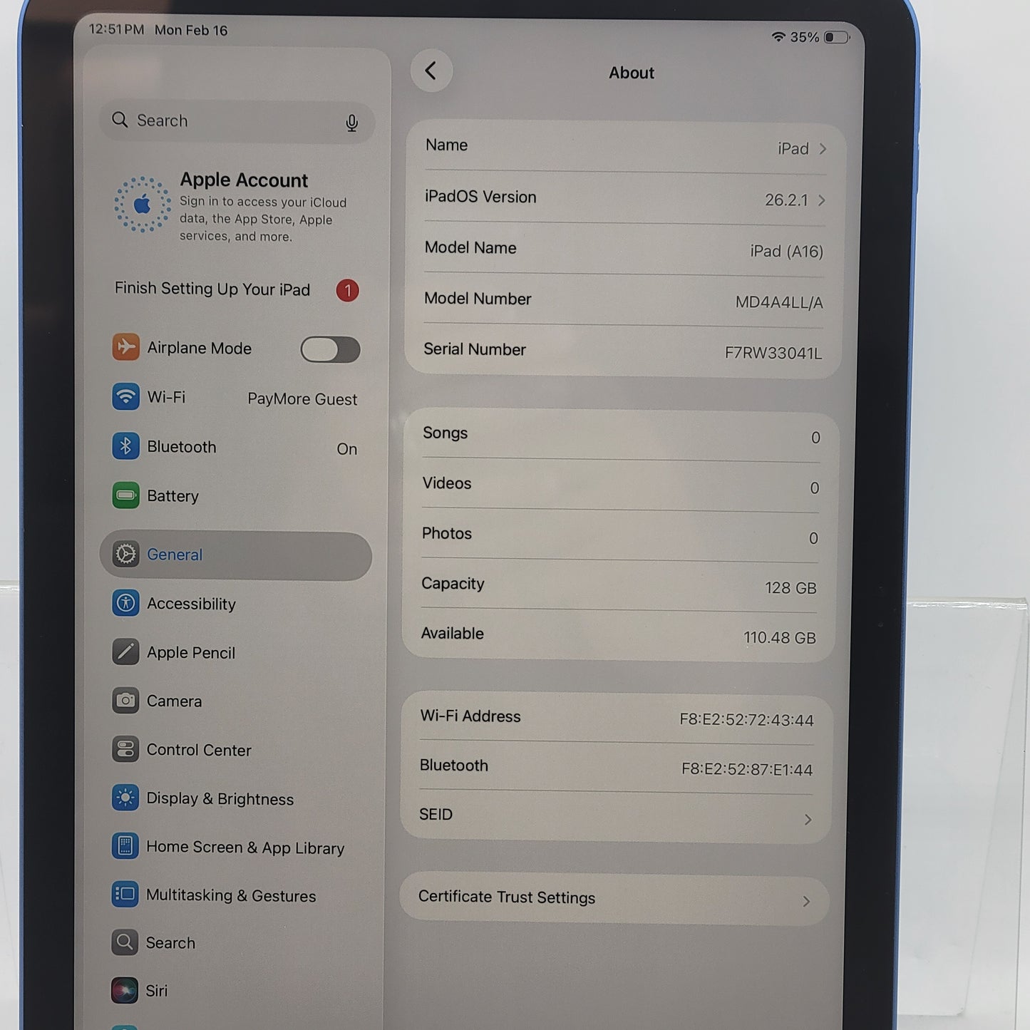 WiFi Only Apple iPad 11" (A16) 128GB Blue MD4A4LL/A