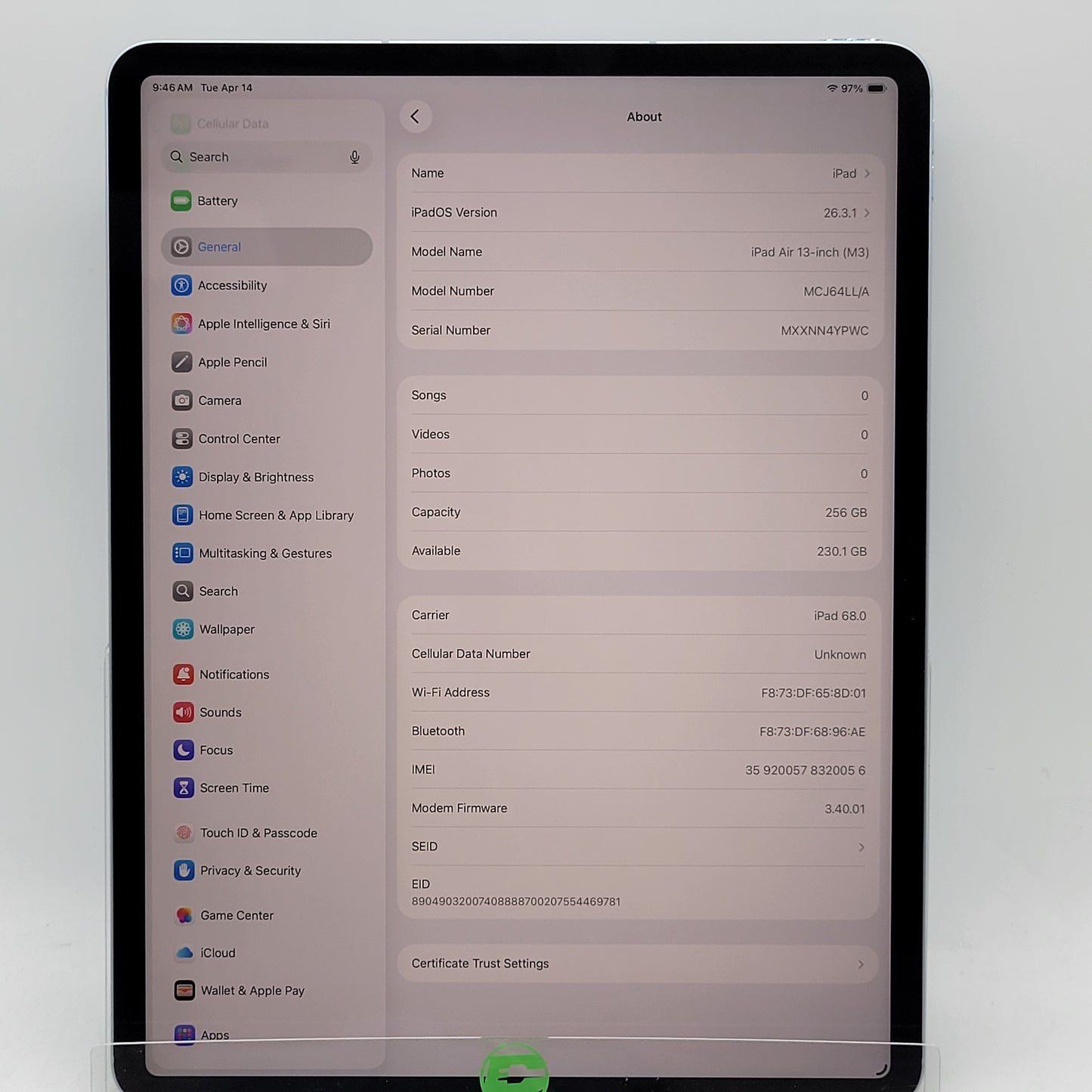 Factory Unlocked Apple iPad Air 13" M3 256GB Blue MCJ64LL/A