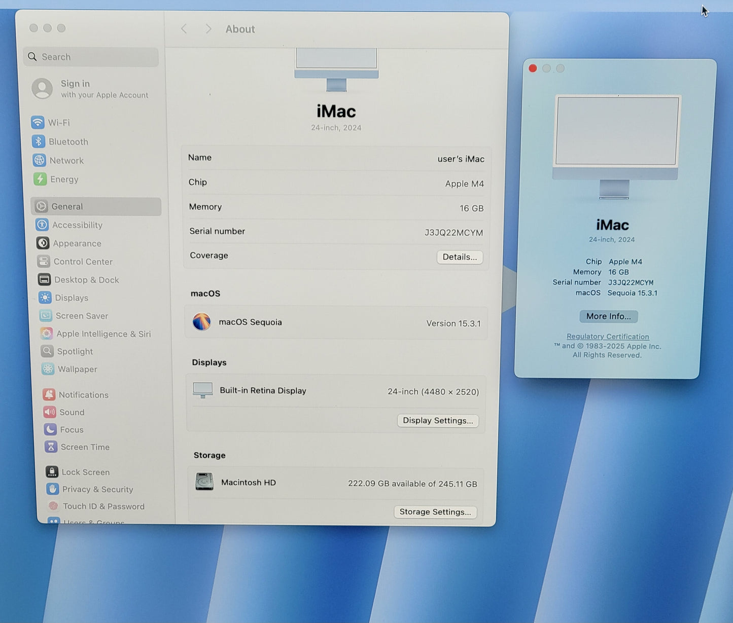 2024 Apple iMac 24" M4 4.5GHz 16GB RAM 256GB SSD Blue MWV13LL/A