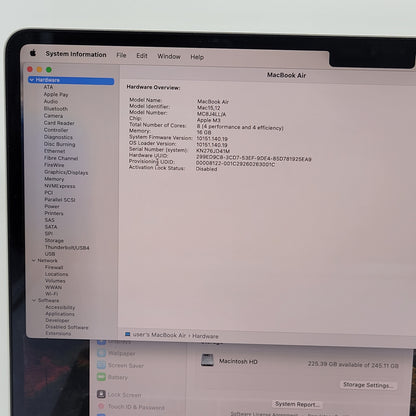 2024 Apple MacBook Air 13.6" M3 8C GPU 4.0GHz 16GB RAM 256GB SSD A3113